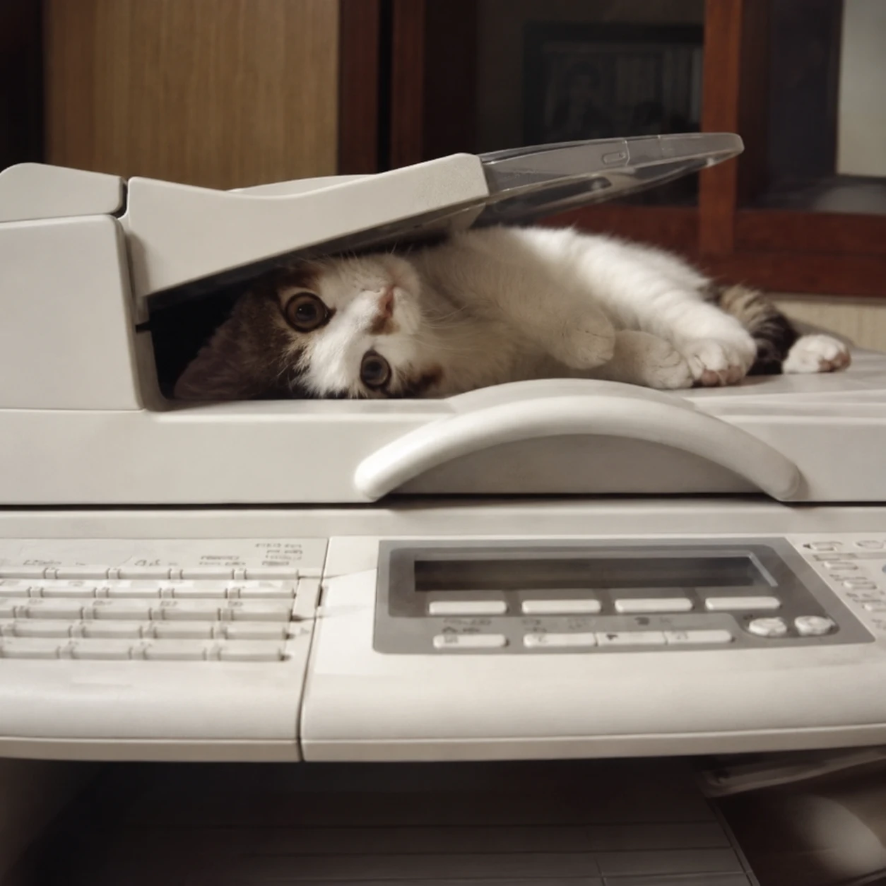 A fluffy cat wedged inside an office photocopier